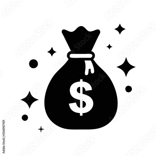 Stylized Money Bag Icon with Sparkle Effects for Finance and Wealth