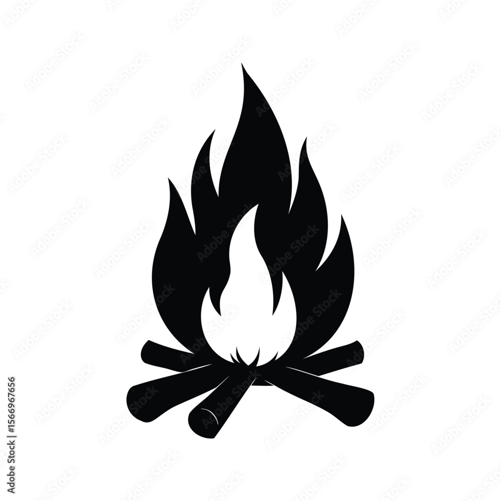 Stylized black and white illustration of a roaring campfire with burning wood Stylized black and white illustration of a roaring campfire with burning wood