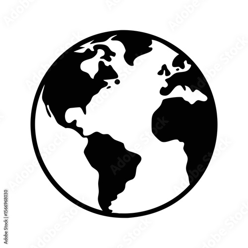 Simplified Earth Globe Illustration with Black Landmasses and White Background