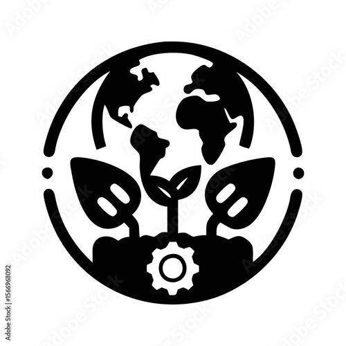 Sustainable Technology Advancing Green Earth Agriculture Concept with Globe, Leaves, and Gears