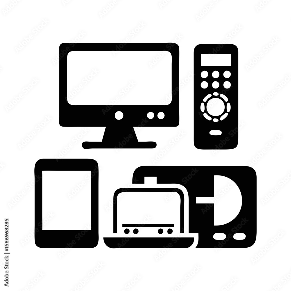 Various home entertainment, communication, and cooking equipment isolated black vector image Various home entertainment, communication, and cooking equipment isolated black vector image