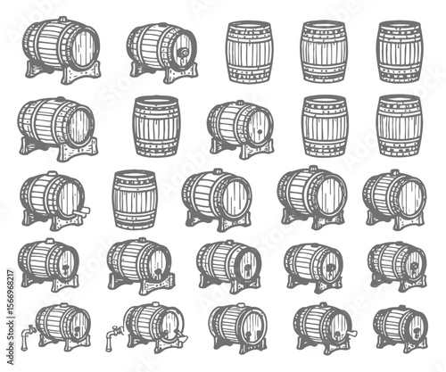 Collection of Hand Drawn Wooden Barrels in Various Styles and Positions