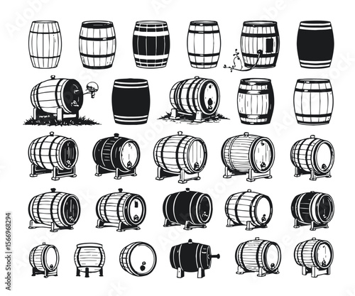 Collection of Black and White Barrel Illustrations in Various Styles and Poses