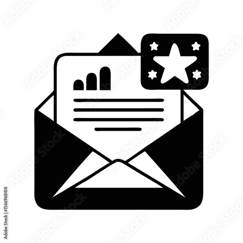 Open envelope containing a document with a graph and star rating icon