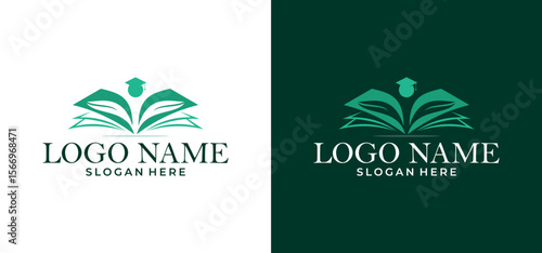 Illustration of a book logo with a graduation cap person. Vector design of a book logo for bookstores, book companies, publishers, encyclopedias, libraries, educational logo concepts.