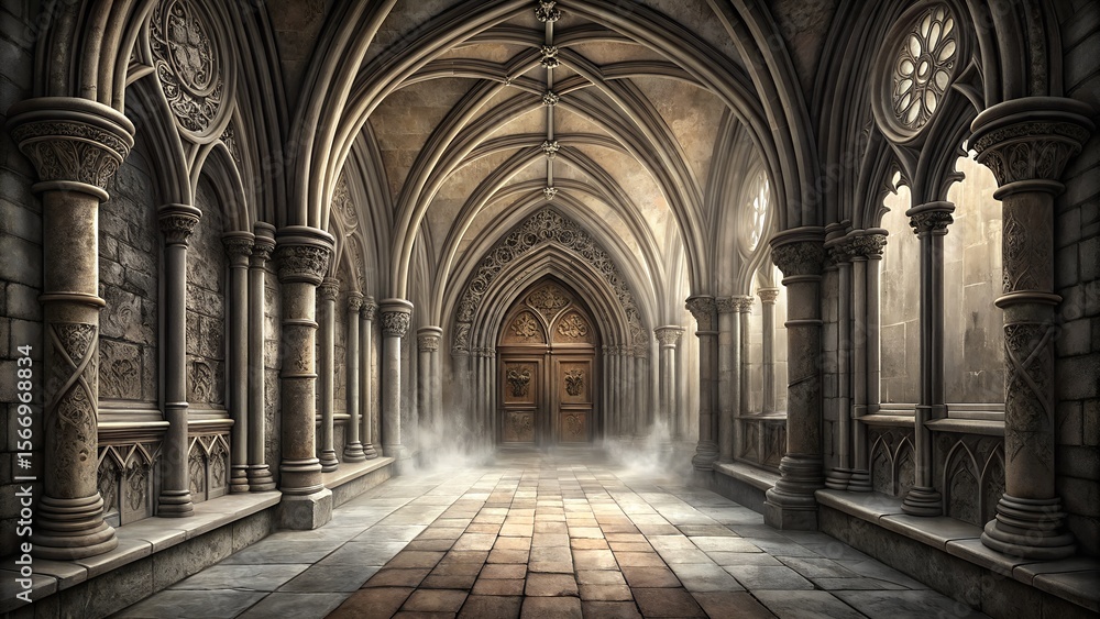 Fototapeta premium Gothic cathedral interior with vaulted arches and ornate stone columns