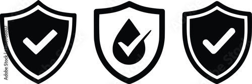Shield Icons with Check Marks, Security, Waterproof, and Verified Badge Symbols.

