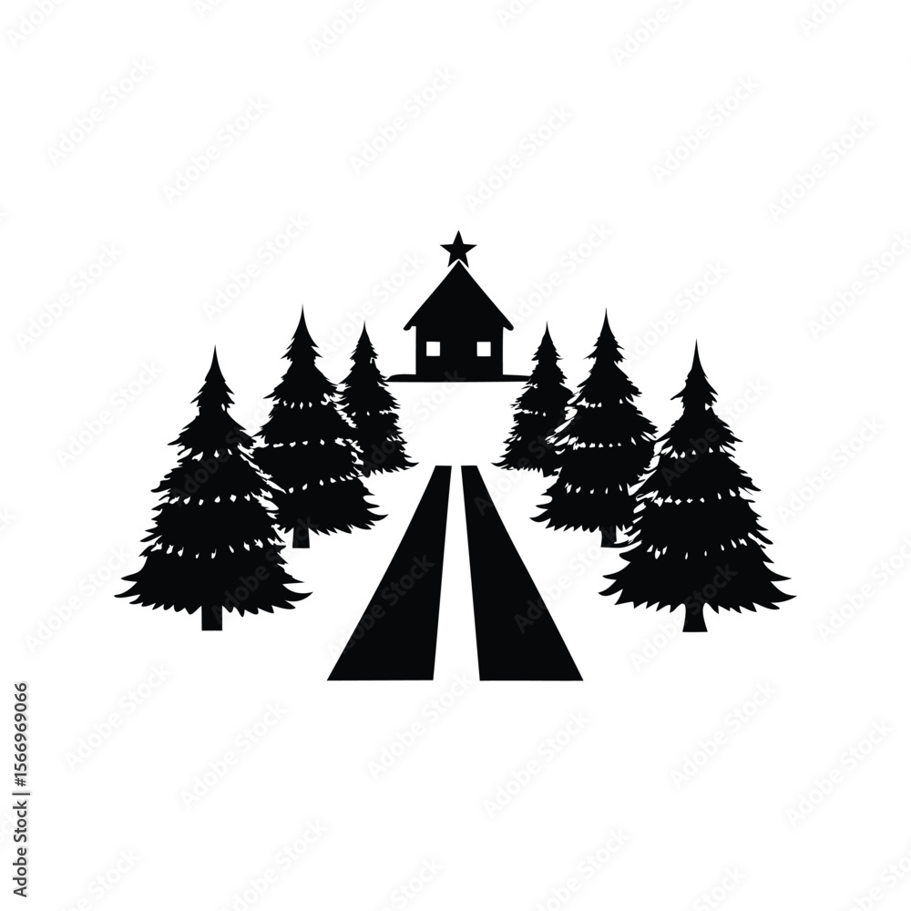 Obraz premium Silhouette of a cabin in a winter forest landscape illustration