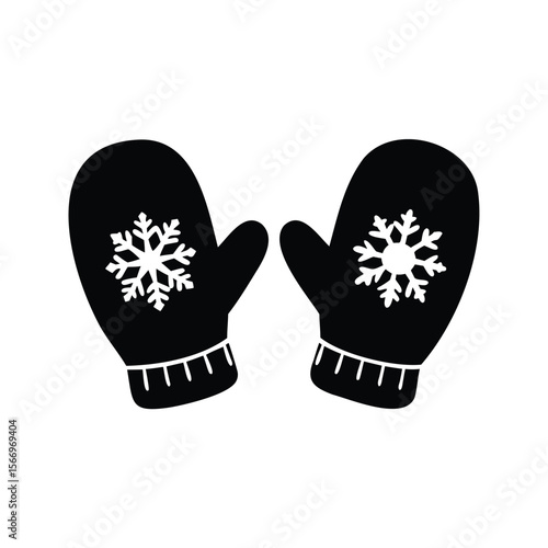 Pair of winter mittens with snowflake design in black silhouette style