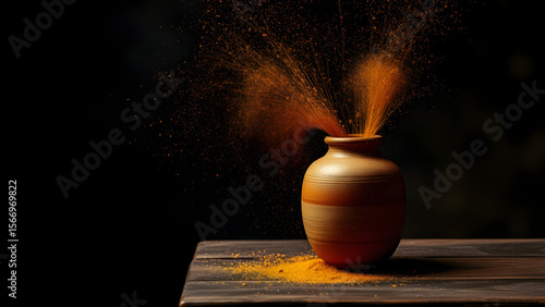 A rustic clay pot on a wooden surface with orange powder exploding out of the top