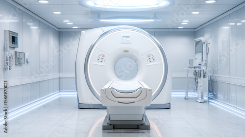 Sleek MRI Machine Captured from Side in Radiology Suite with Clean Architectural Lines and Gentle Neutral Shadow Detail