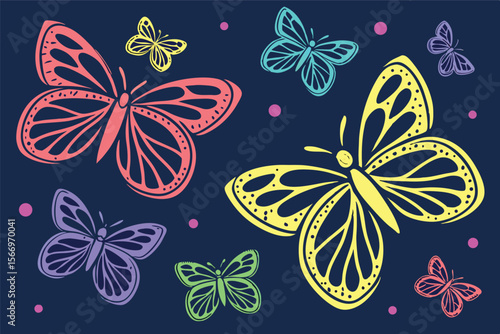 Colorful butterflies in varying sizes and shades beautifully scattered across a dark blue background