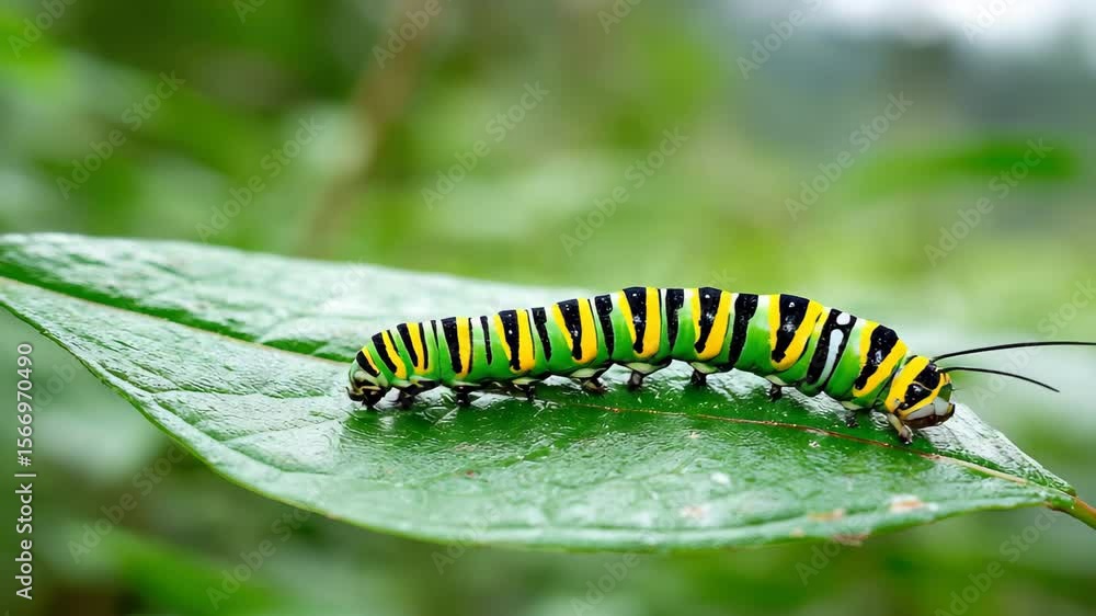 Green caterpillar with black and yellow stripes crawling green leaf nature macro closeup, vibrant insect detail, colorful pattern, outdoor environment, summer garden wildlife, antenna, forest biology Green caterpillar with black and yellow stripes crawling green leaf nature macro closeup, vibrant insect detail, colorful pattern, outdoor environment, summer garden wildlife, antenna, forest biology