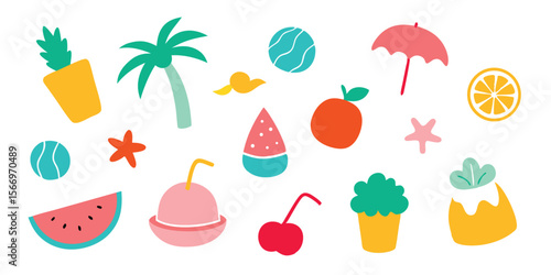 Summer vacation icons show a tropical with fruits and beach elements on display