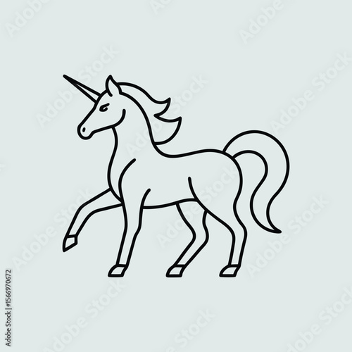 Minimal outline unicorn trotting side view, simple magical horse line art, fantasy creature, elegant minimalistic design vector
