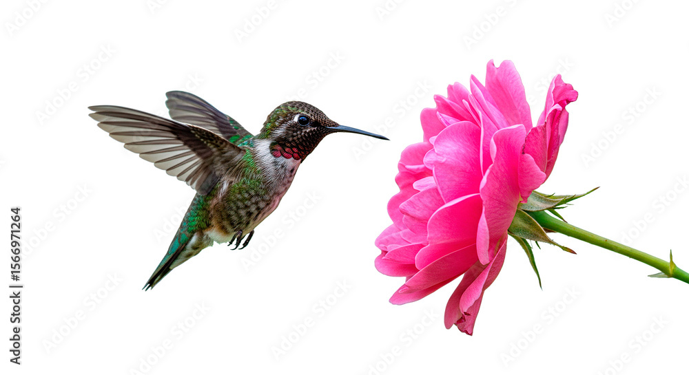Fototapeta premium A hummingbird gracefully approaches a blooming pink rose, seeking nectar.