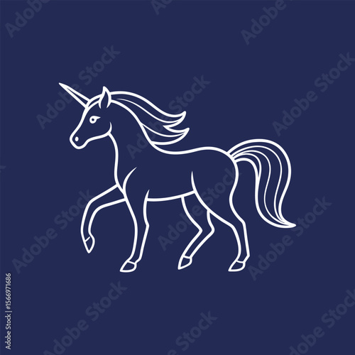 Minimal outline unicorn trotting side view, simple magical horse line art, fantasy creature, elegant minimalistic design vector