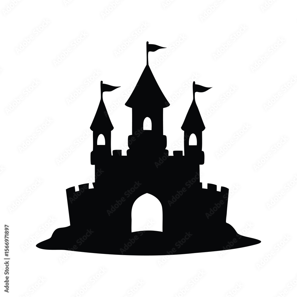 Silhouette of a fairytale castle with towers and flags on top Silhouette of a fairytale castle with towers and flags on top