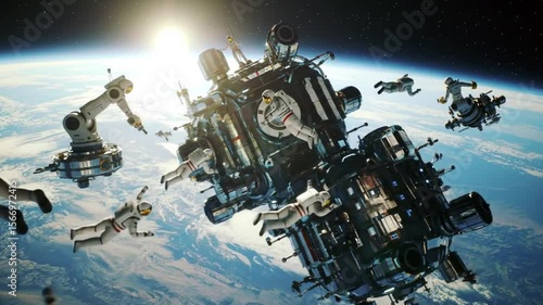 Astronauts Floating Around a Futuristic Space Station with Earth in the Background