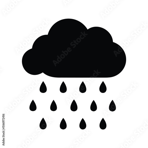 Black cloud raining water droplets down on a white background illustration