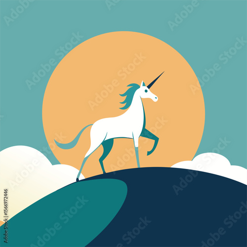 Minimal unicorn walking on curved hilltop line with sun, simple outline style, whimsical fantasy vector illustration design art