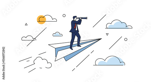 A businessman soars high on a paper airplane using a telescope to see the future of business success