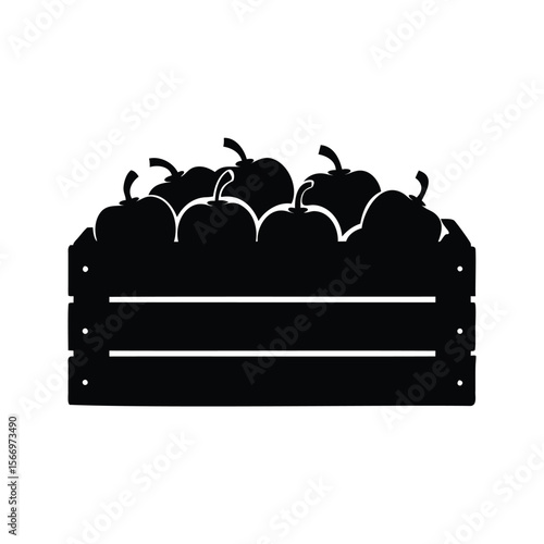 Black silhouette image of a wooden crate overflowing with ripe apples