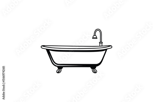 Elegant Bathtub with Claw Feet and Faucet in Silhouette Style on a White Background silhouette