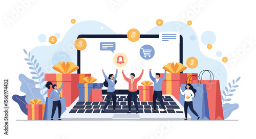 Celebrating successful online shopping experiences with gifts and rewards delivered through a laptop computer screen
