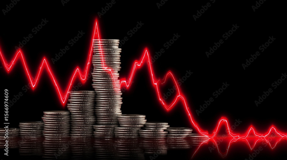 Fototapeta premium a pile of coins, with dollar signs, red graph pointing down, concept a falling price market in a black background, symbolizing a financial graph