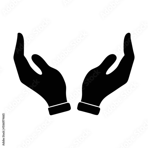 Two open hands reaching upwards, offering support and protection in black silhouette