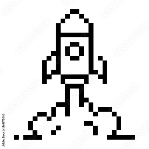 Pixel rocket launching — startup launch, digital innovation, future progress, space exploration, and retro gaming aesthetics, pixel art, gamified interfaces.