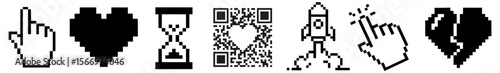 Set of 8-bit pixel — cursor, heart, hourglass, rocket, broken heart, and QR code with love  — retro digital aesthetics, pixel art style.