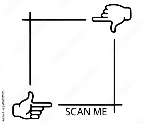 Empty QR code scan frame with “Scan Me” text and pointing hand. visual guide for placing scannable codes, digital access, mobile interaction, and contactless technology.