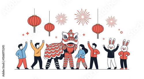 Joyful festival celebration featuring traditional lion dance performance with festive lanterns and fireworks display lively crowd participating in cultural event