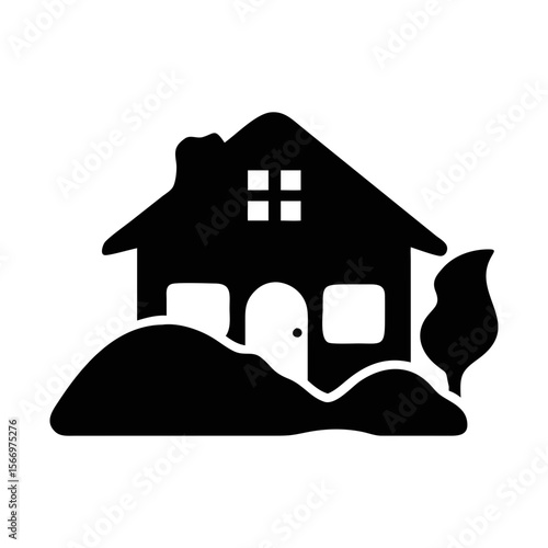 Minimalist depiction of a house with snowdrifts and a small tree nearby