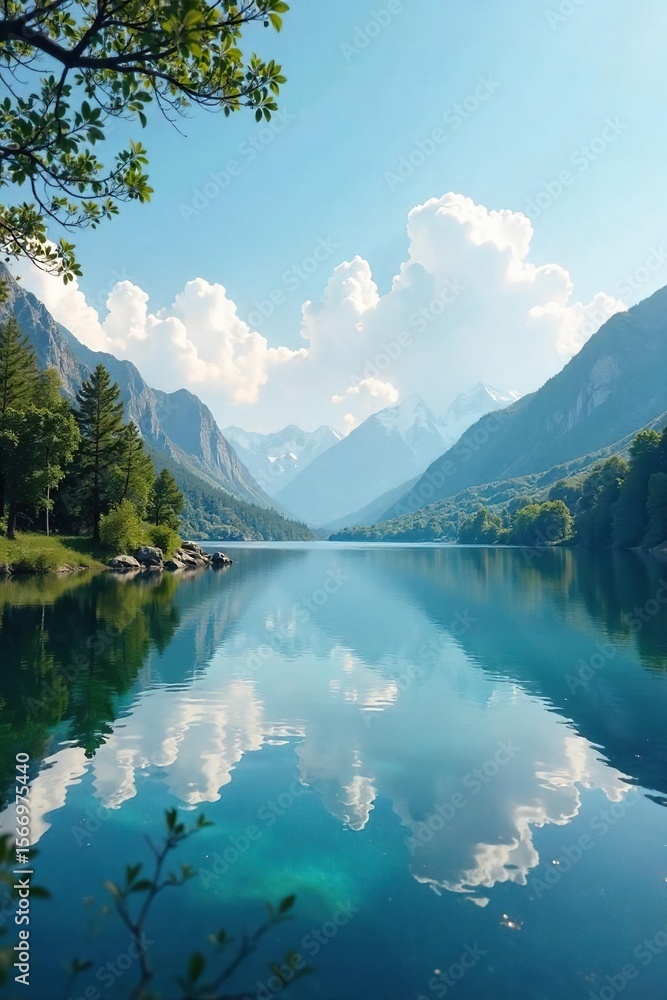 Naklejka premium A serene lake reflecting a clear sky, symbolizing the purity and reflection found in marriage The calm water mirrors the peaceful commitment of a lifelong bond , bond, reflection, promise