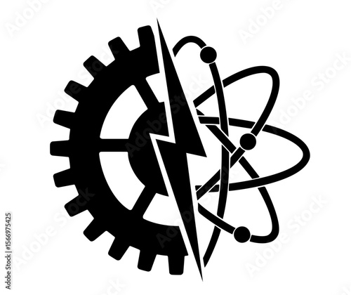 Industrial gear, atomic model, lightning bolt merged in one. energy, engineering, physics, and advanced technology for innovation, automation, and scientific development.