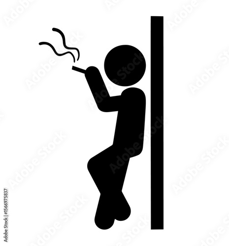 Smoking Break with Silhouette of Person Leaning Against Wall and Holding Cigarette. Tobacco Use, Workday Pause, Nicotine Addiction, Stress Relief Ritual, Unhealthy Habit. Office Routine, Smoking Area,