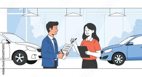 Two people discussing a car purchase agreement inside a showroom with cars on display