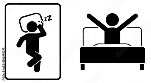 Sleep and Wake Up. Black Silhouettes of Person Sleeping with Pillow and Stretching in Bed After Rest. Healthy Sleep, Relaxation, Morning Routine, Energy Recovery, Circadian Rhythm, Stress Relief. Nigh