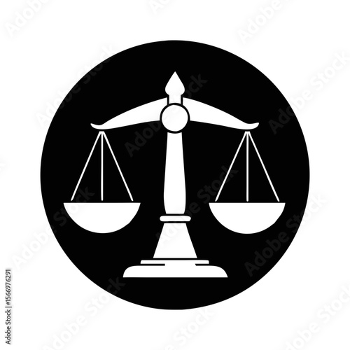 A symbolic representation of justice and law in black and white circle