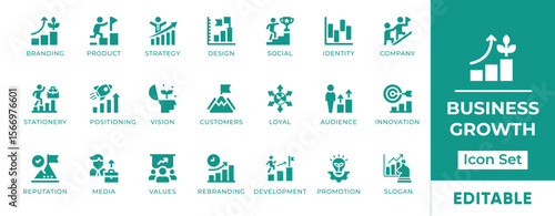 Business Growth Icon Set. Features icons of success metrics, revenue increase, performance, strategy, and leadership. Perfect for startups, reports, and corporate use.