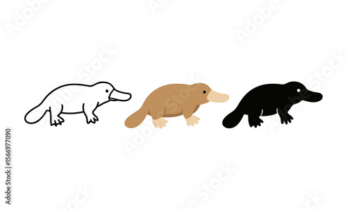 Three platypus silhouettes: outline, brown, and black variations