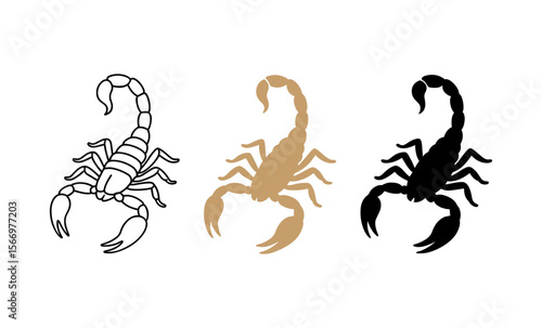 Artistic scorpion silhouettes in monochrome and gold tones