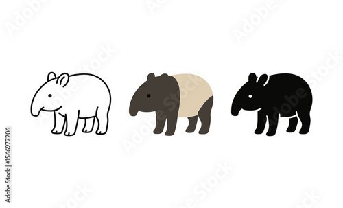 Three tapir silhouettes: outline, colored, and silhouette variations