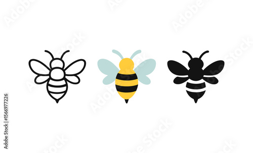 Minimalist bee icons in trio of styles: outline, colorful, and silhouette