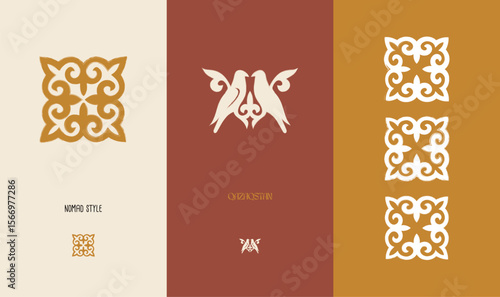 A set of nomadic-style hand-drawn ornaments, created in a warm color palette. The designs inspired by traditional nomadic art. 