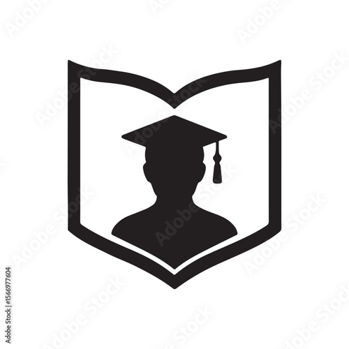 Black silhouette of graduate in cap inside open book frame on white background for education concept