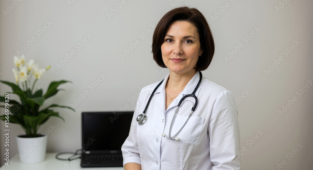Female doctor white coat stethoscope smiling confidently medical office setting. Healthcare professional portrait clinical environment. Medical services concept banner Female doctor white coat stethoscope smiling confidently medical office setting. Healthcare professional portrait clinical environment. Medical services concept banner